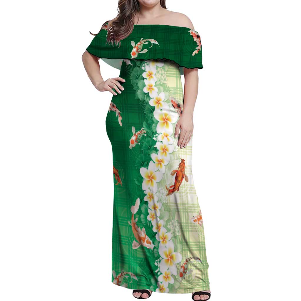 Hawaii And Japan Off Shoulder Maxi Dress Plumeria Lei With Koi Fish Green LT05 Women Green - Polynesian Pride