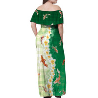 Hawaii And Japan Off Shoulder Maxi Dress Plumeria Lei With Koi Fish Green LT05 - Polynesian Pride