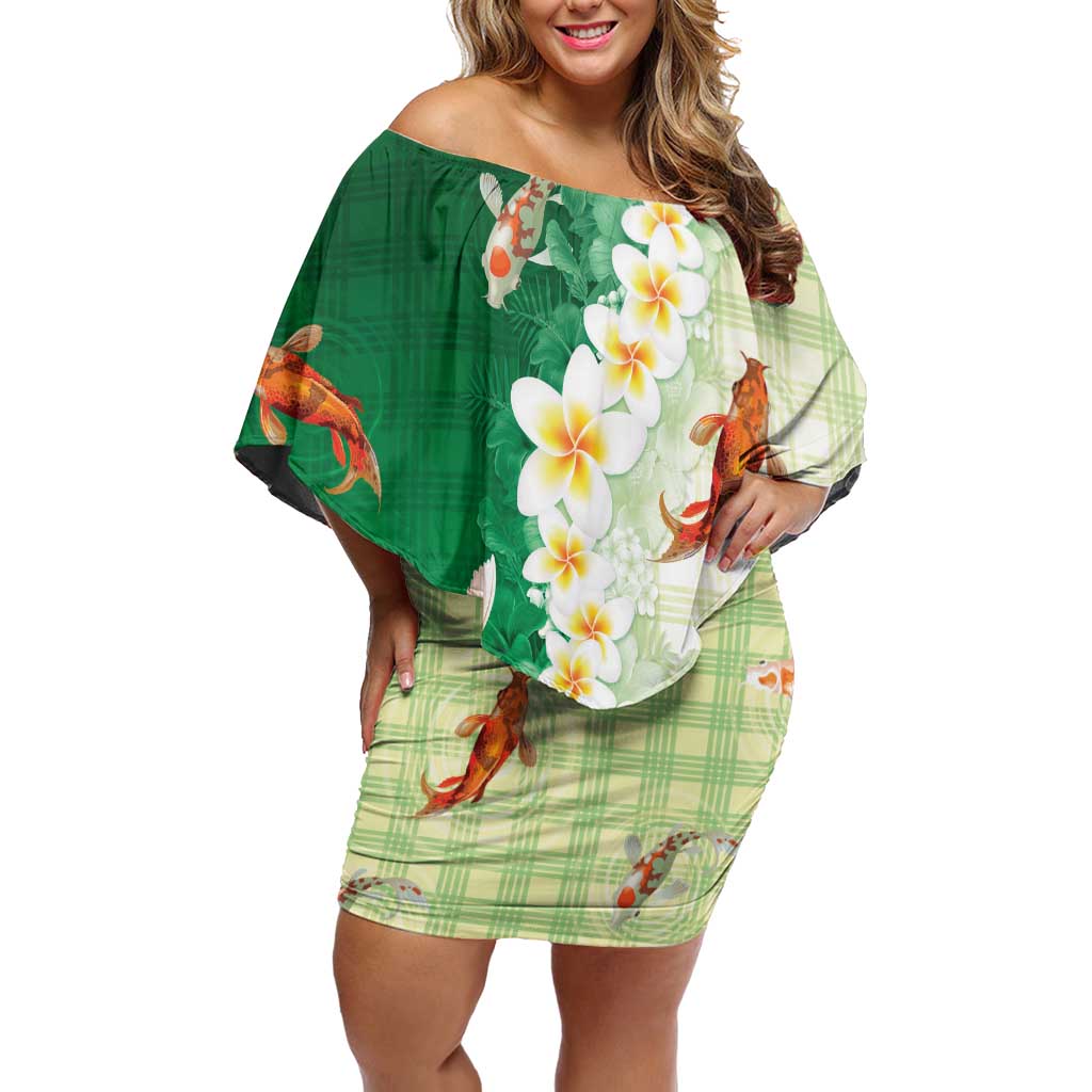 Hawaii And Japan Off Shoulder Short Dress Plumeria Lei With Koi Fish Green - Polynesian Pride