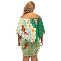 Hawaii And Japan Off Shoulder Short Dress Plumeria Lei With Koi Fish Green - Polynesian Pride