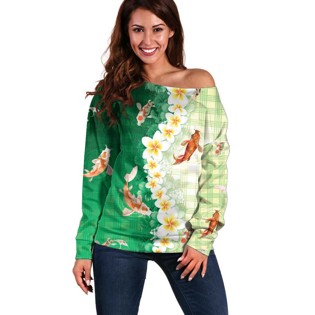 Hawaii And Japan Off Shoulder Sweater Plumeria Lei With Koi Fish Green - Polynesian Pride