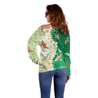Hawaii And Japan Off Shoulder Sweater Plumeria Lei With Koi Fish Green - Polynesian Pride