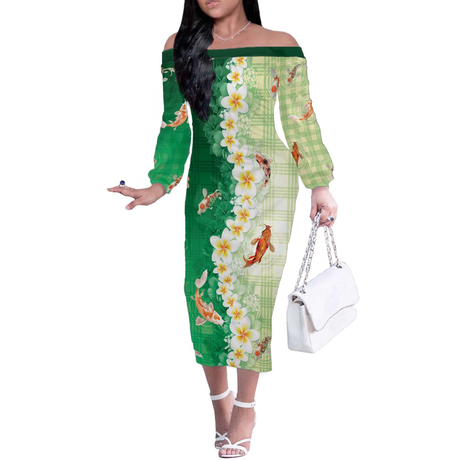 Hawaii And Japan Off The Shoulder Long Sleeve Dress Plumeria Lei With Koi Fish Green - Polynesian Pride