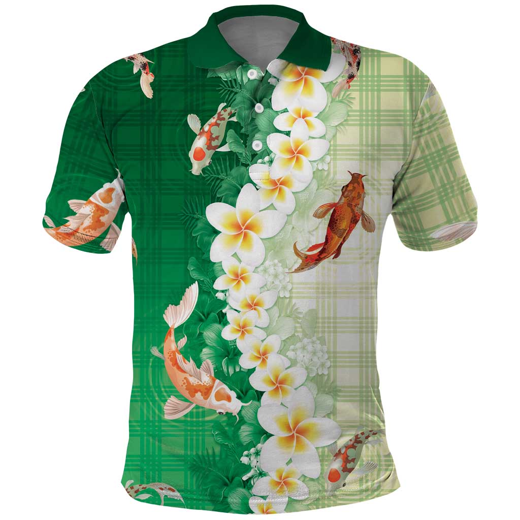 Hawaii And Japan Polo Shirt Plumeria Lei With Koi Fish Green - Polynesian Pride