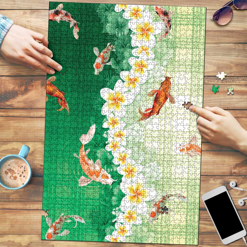 Hawaii And Japan Puzzle Plumeria Lei With Koi Fish Green LT05 Green - Polynesian Pride