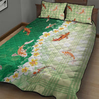 Hawaii And Japan Quilt Bed Set Plumeria Lei With Koi Fish Green - Polynesian Pride