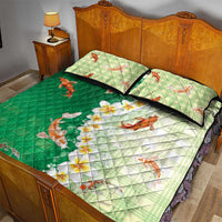 Hawaii And Japan Quilt Bed Set Plumeria Lei With Koi Fish Green - Polynesian Pride