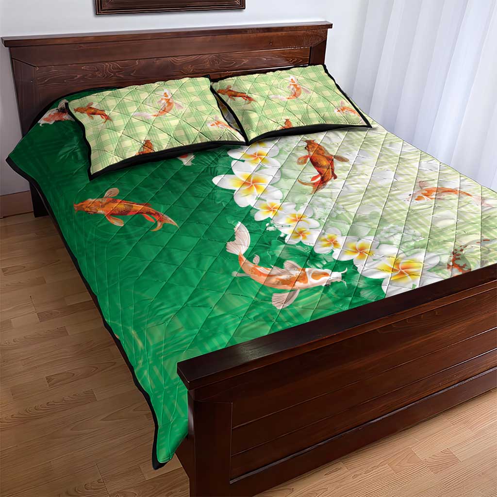 Hawaii And Japan Quilt Bed Set Plumeria Lei With Koi Fish Green - Polynesian Pride