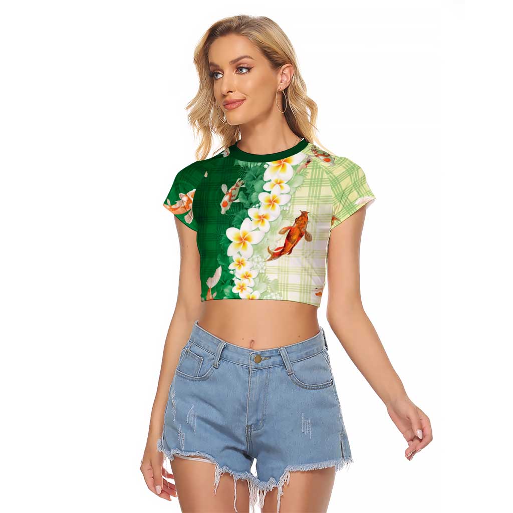 Hawaii And Japan Raglan Cropped T Shirt Plumeria Lei With Koi Fish Green LT05 Female Green - Polynesian Pride