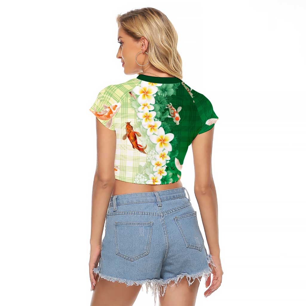 Hawaii And Japan Raglan Cropped T Shirt Plumeria Lei With Koi Fish Green LT05 - Polynesian Pride