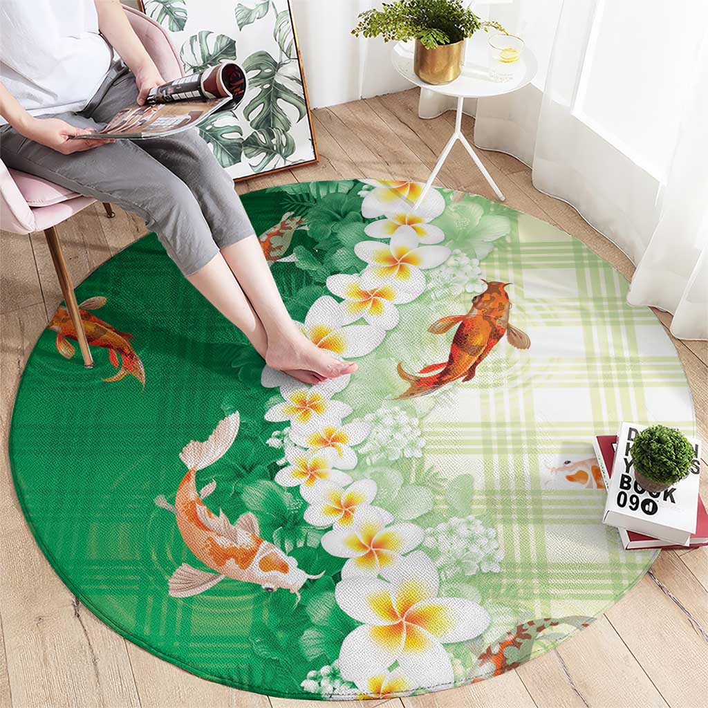 Hawaii And Japan Round Carpet Plumeria Lei With Koi Fish Green - Polynesian Pride