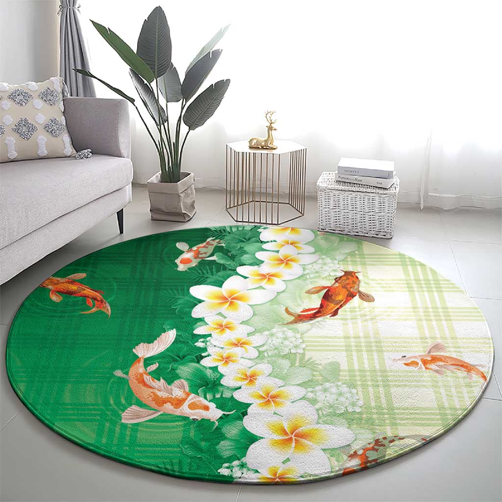 Hawaii And Japan Round Carpet Plumeria Lei With Koi Fish Green - Polynesian Pride