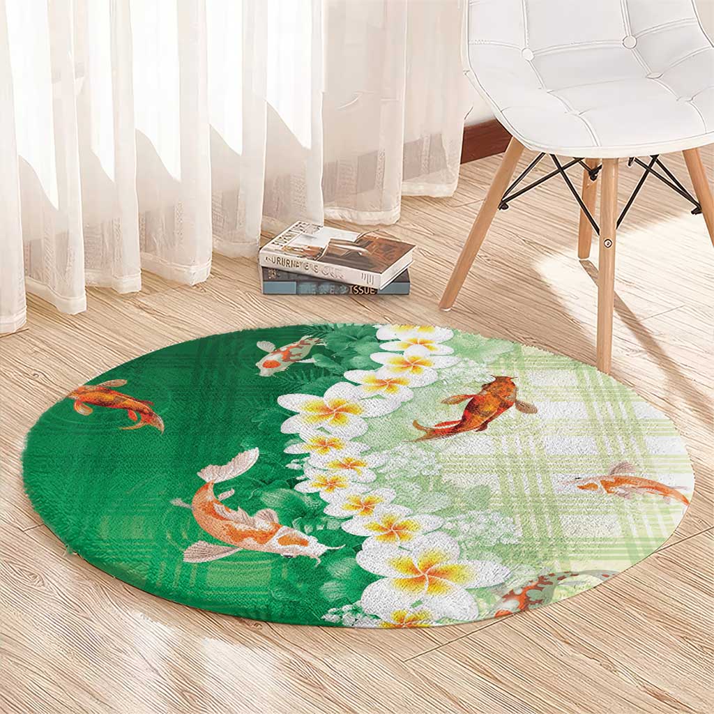 Hawaii And Japan Round Carpet Plumeria Lei With Koi Fish Green - Polynesian Pride