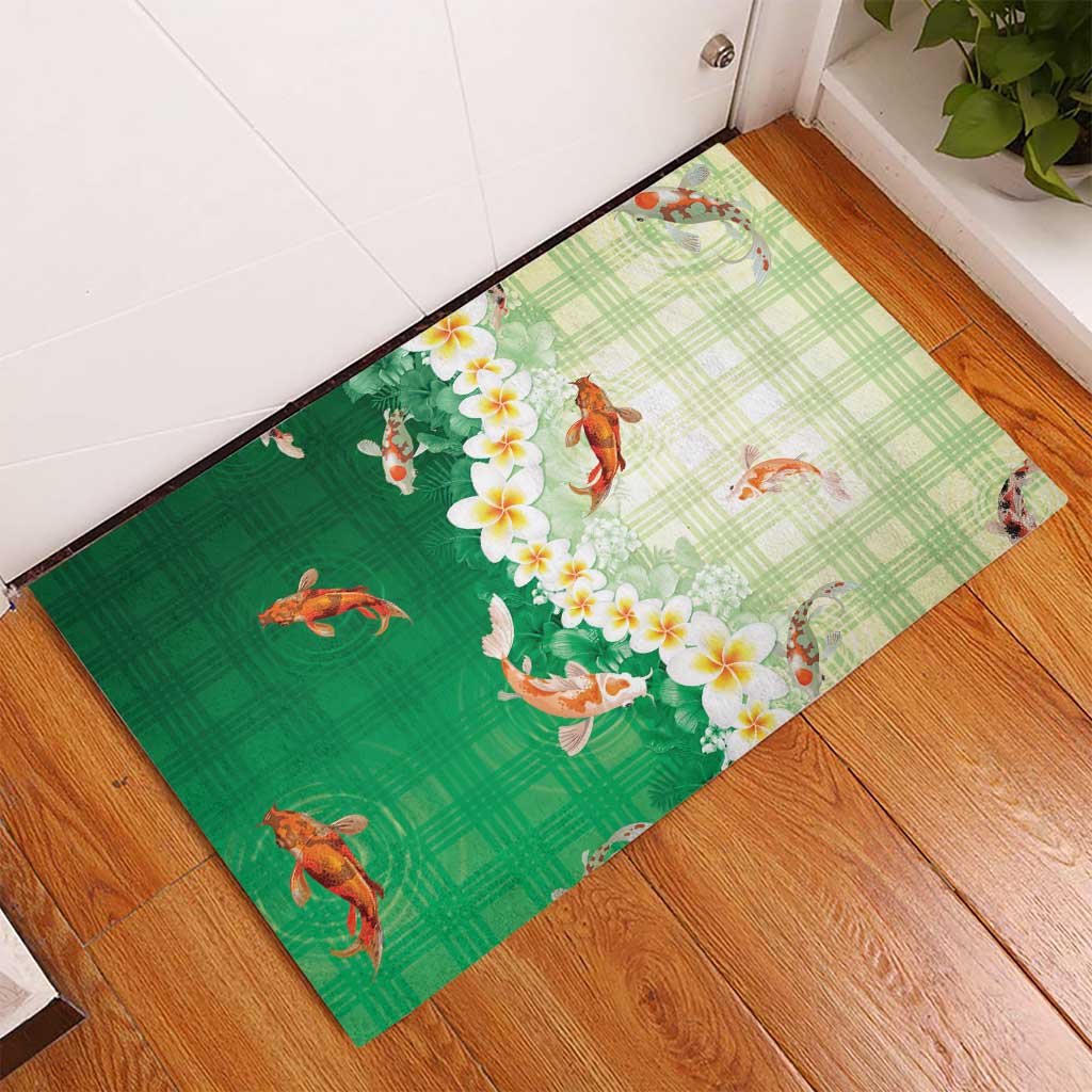 Hawaii And Japan Rubber Doormat Plumeria Lei With Koi Fish Green LT05 - Polynesian Pride