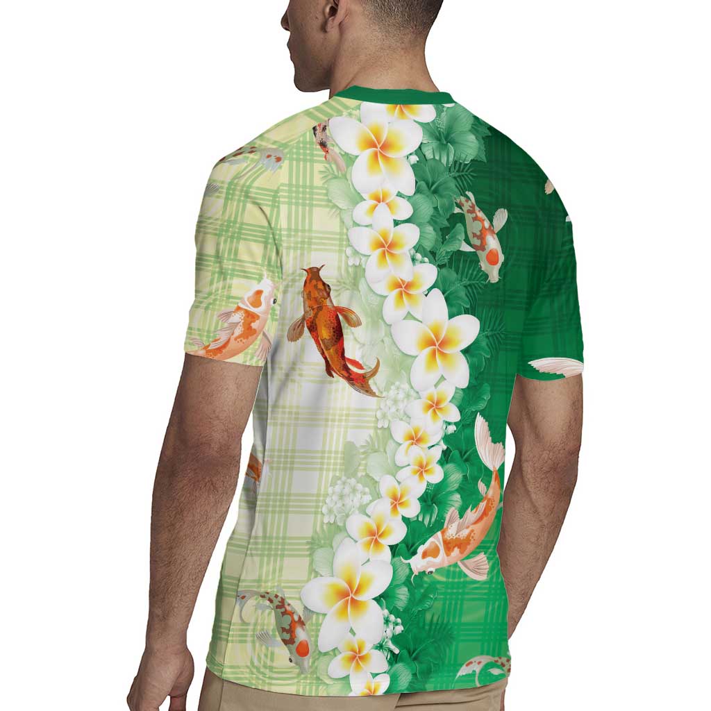 Hawaii And Japan Rugby Jersey Plumeria Lei With Koi Fish Green - Polynesian Pride