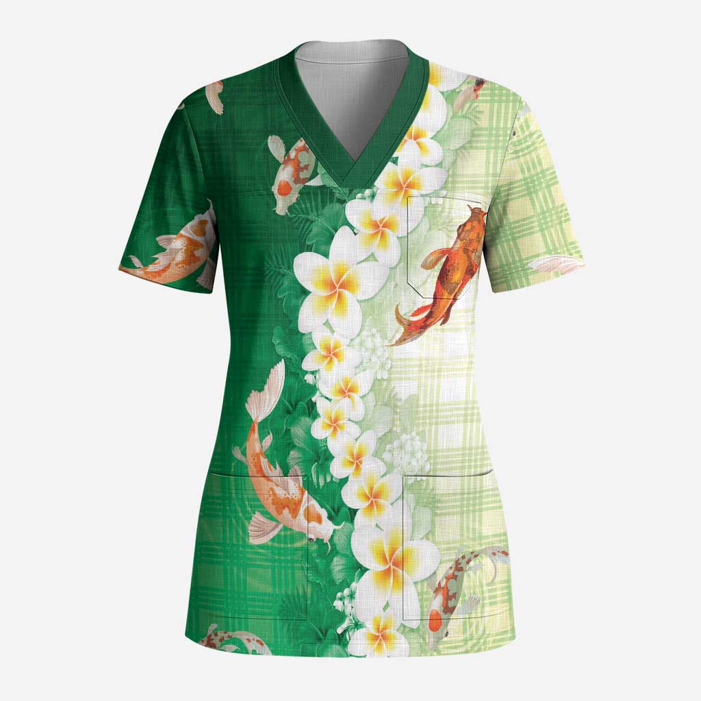 Hawaii And Japan Scrub Top Plumeria Lei With Koi Fish Green LT05 Adult Green - Polynesian Pride
