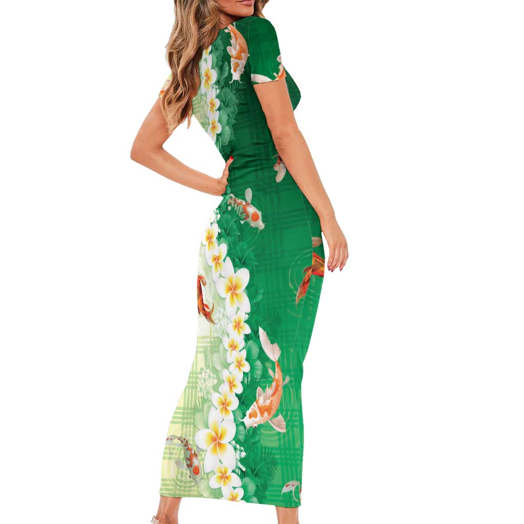 Hawaii And Japan Short Sleeve Bodycon Dress Plumeria Lei With Koi Fish Green LT05 - Polynesian Pride