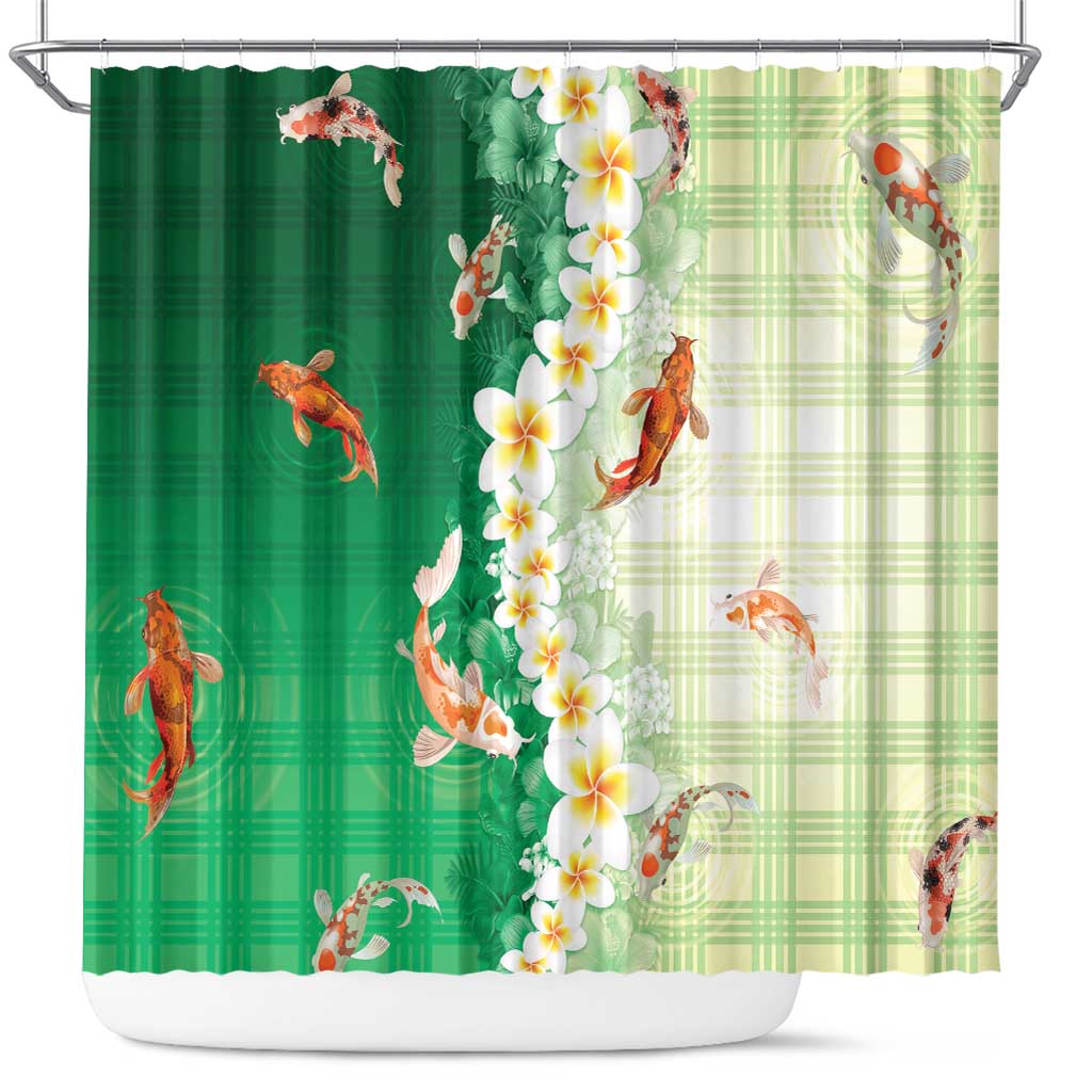 Hawaii And Japan Shower Curtain Plumeria Lei With Koi Fish Green - Polynesian Pride