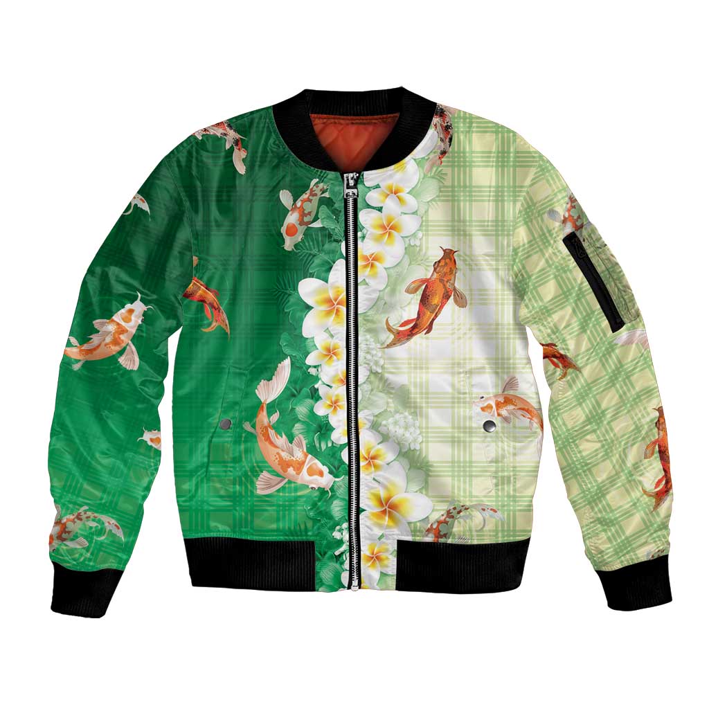 Hawaii And Japan Sleeve Zip Bomber Jacket Plumeria Lei With Koi Fish Green LT05 Unisex Green - Polynesian Pride