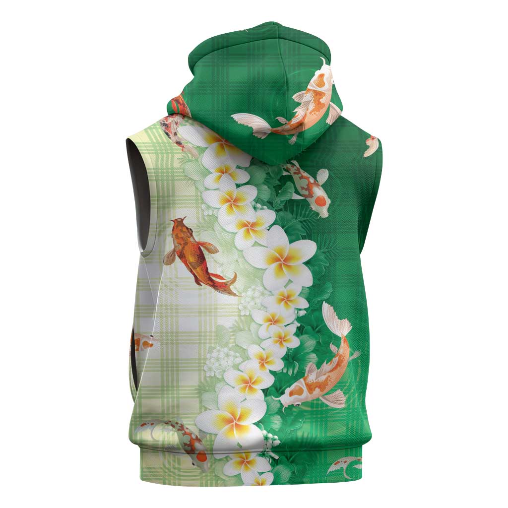 Hawaii And Japan Sleeveless Hoodie Plumeria Lei With Koi Fish Green LT05 - Polynesian Pride