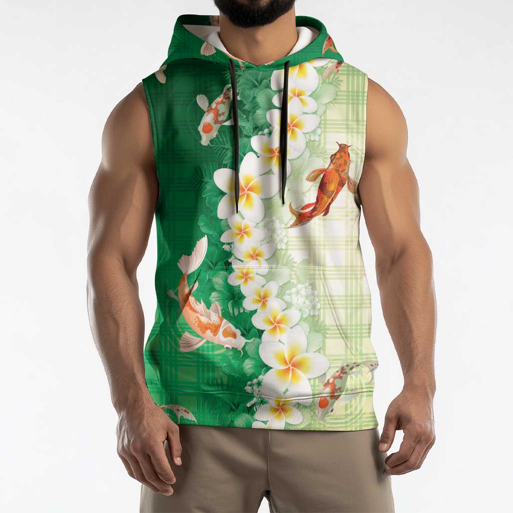 Hawaii And Japan Sleeveless Hoodie Plumeria Lei With Koi Fish Green LT05 - Polynesian Pride