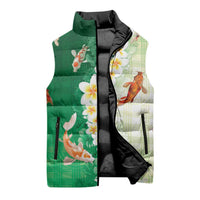 Hawaii And Japan Sleeveless Puffer Jacket Plumeria Lei With Koi Fish Green LT05 - Polynesian Pride