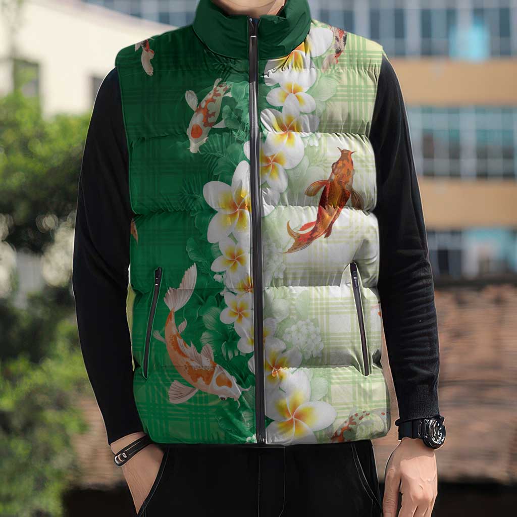 Hawaii And Japan Sleeveless Puffer Jacket Plumeria Lei With Koi Fish Green LT05 - Polynesian Pride
