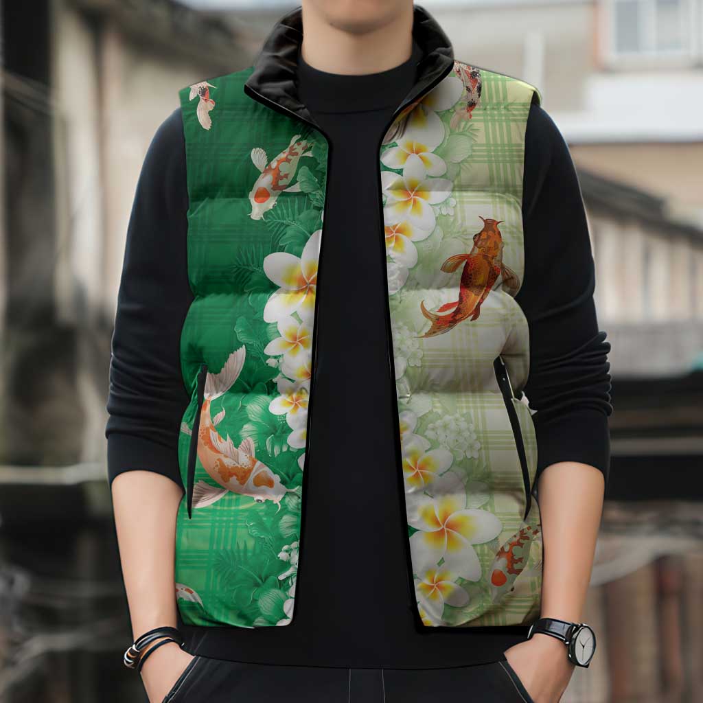 Hawaii And Japan Sleeveless Puffer Jacket Plumeria Lei With Koi Fish Green LT05 - Polynesian Pride