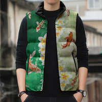 Hawaii And Japan Sleeveless Puffer Jacket Plumeria Lei With Koi Fish Green LT05 - Polynesian Pride