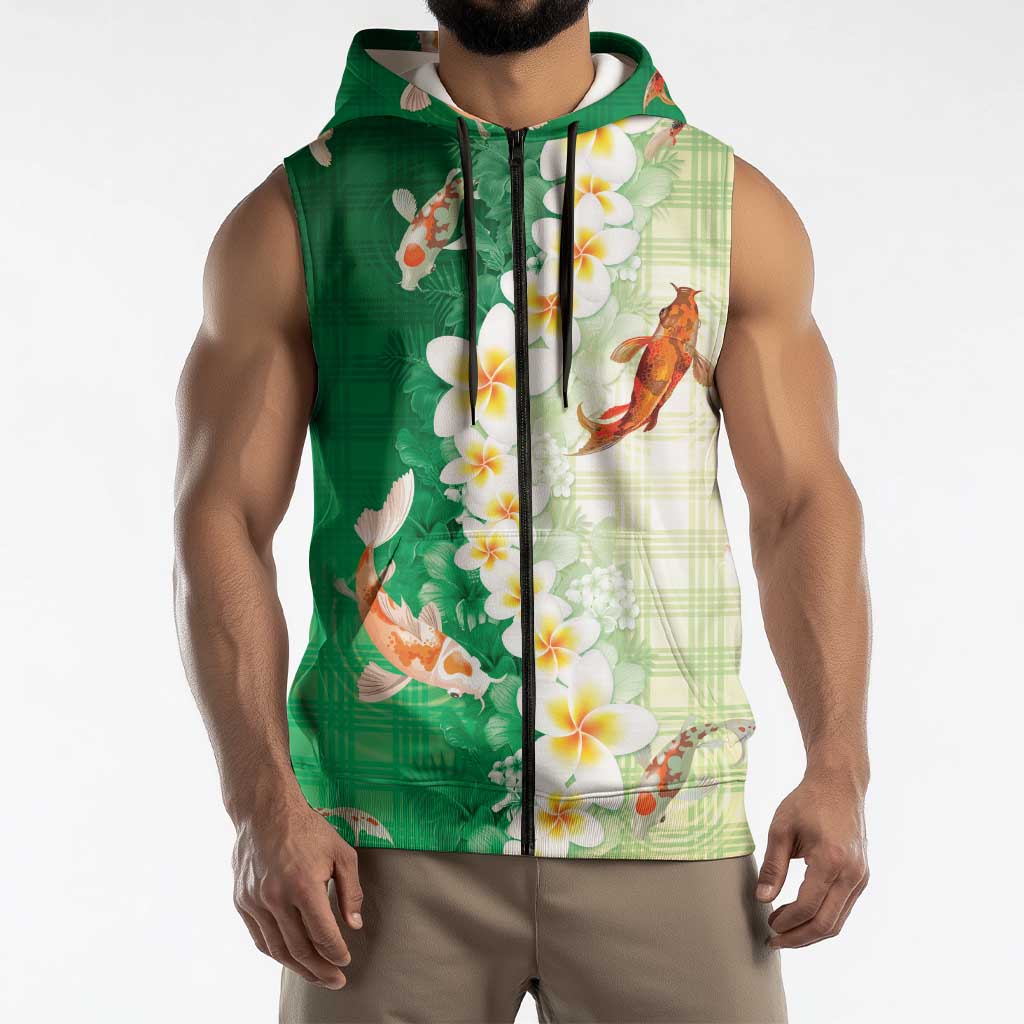 Hawaii And Japan Sleeveless Zip Hoodie Plumeria Lei With Koi Fish Green LT05 - Polynesian Pride