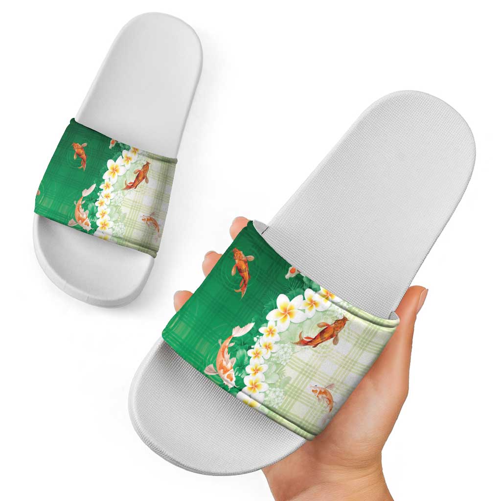 Hawaii And Japan Slide Sandals Plumeria Lei With Koi Fish Green - Polynesian Pride