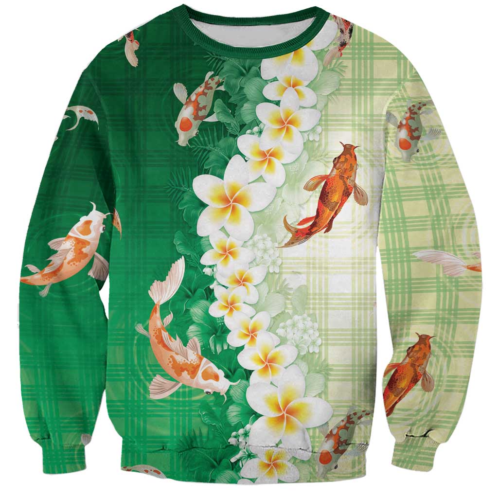 Hawaii And Japan Sweatshirt Plumeria Lei With Koi Fish Green LT05 Unisex Green - Polynesian Pride