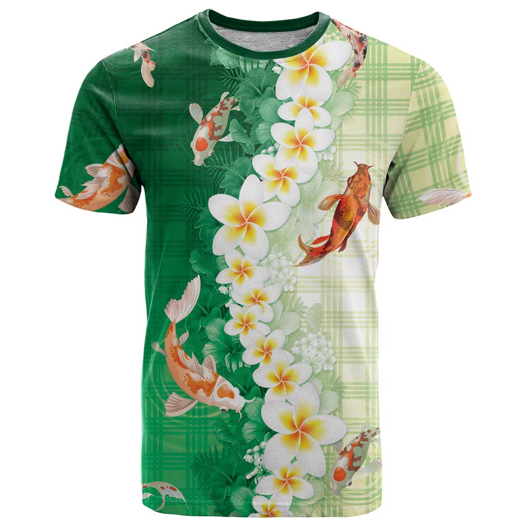Hawaii And Japan T Shirt Plumeria Lei With Koi Fish Green - Polynesian Pride