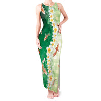 Hawaii And Japan Tank Maxi Dress Plumeria Lei With Koi Fish Green - Polynesian Pride