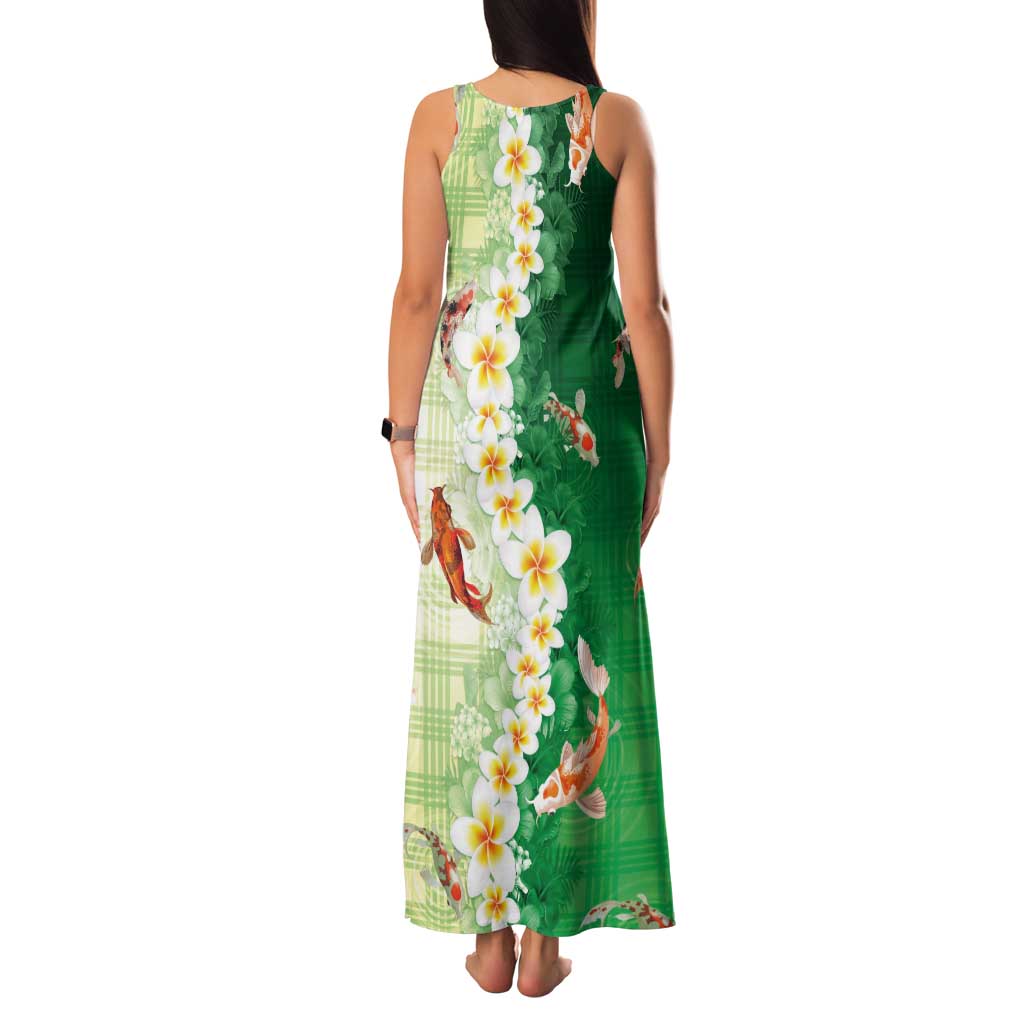 Hawaii And Japan Tank Maxi Dress Plumeria Lei With Koi Fish Green - Polynesian Pride