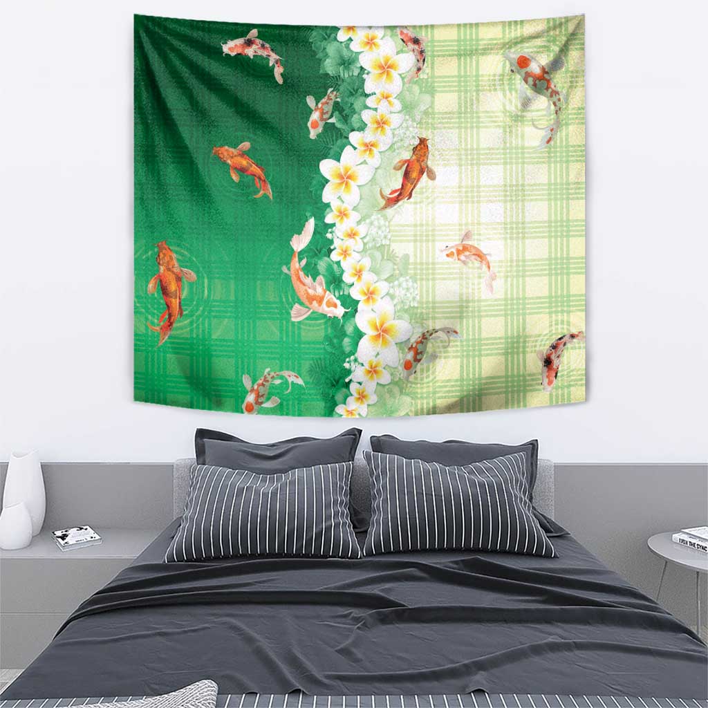 Hawaii And Japan Tapestry Plumeria Lei With Koi Fish Green - Polynesian Pride