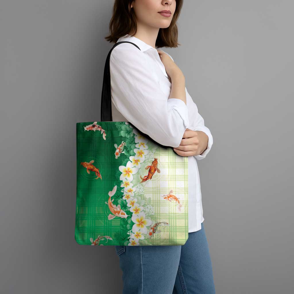 Hawaii And Japan Tote Bag Plumeria Lei With Koi Fish Green - Polynesian Pride