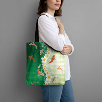Hawaii And Japan Tote Bag Plumeria Lei With Koi Fish Green - Polynesian Pride