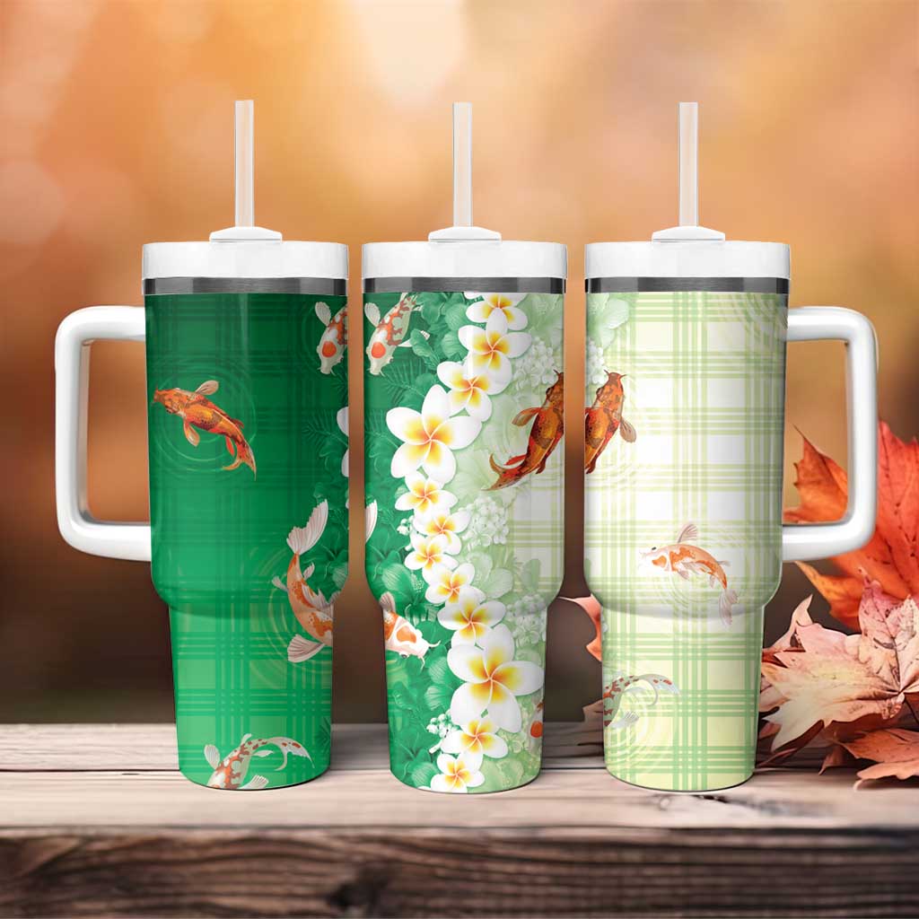 Hawaii And Japan Tumbler With Handle Plumeria Lei With Koi Fish Green - Polynesian Pride