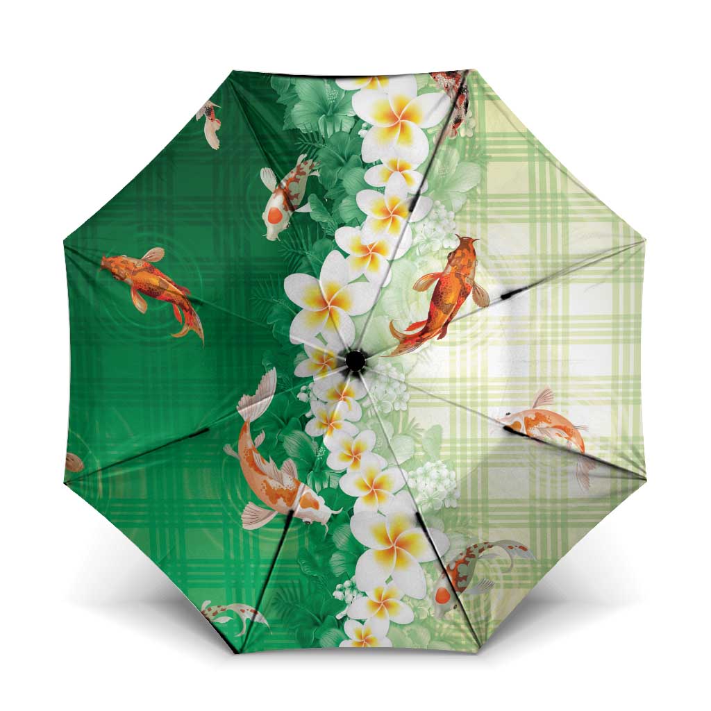 Hawaii And Japan Umbrella Plumeria Lei With Koi Fish Green LT05 One Size Folded 11.42 inch Opened Diameter 37.4 inch Green - Polynesian Pride
