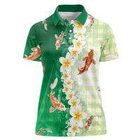 Hawaii And Japan Women Polo Shirt Plumeria Lei With Koi Fish Green - Polynesian Pride
