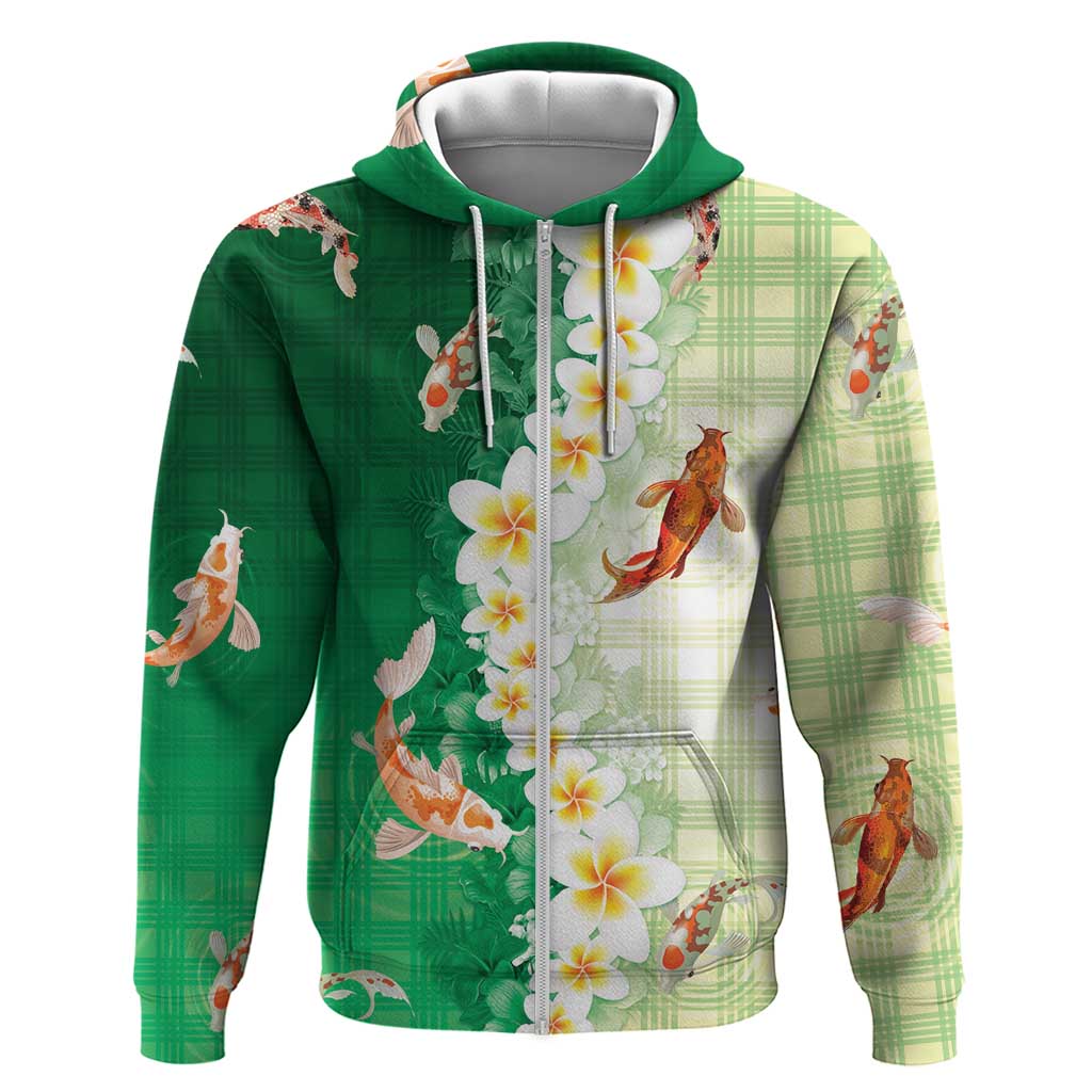 Hawaii And Japan Zip Hoodie Plumeria Lei With Koi Fish Green LT05 Zip Hoodie Green - Polynesian Pride