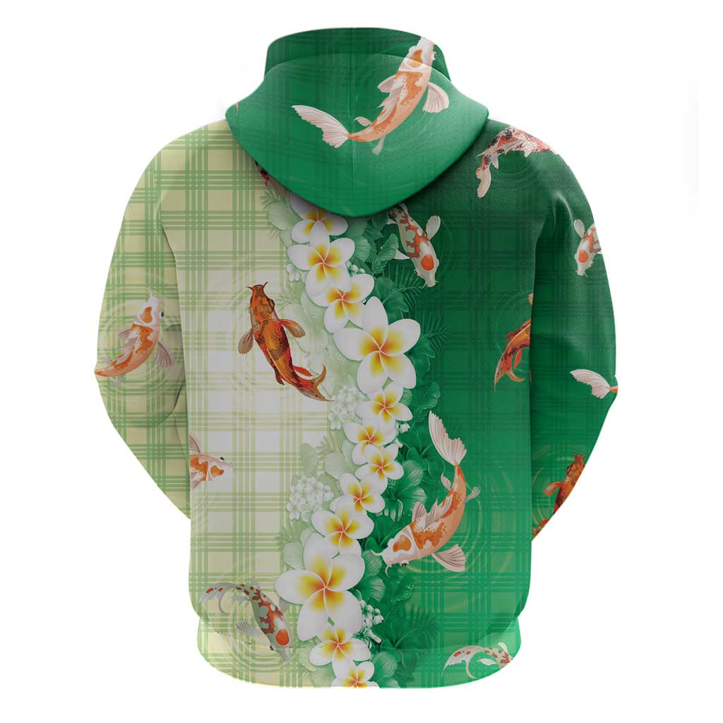 Hawaii And Japan Zip Hoodie Plumeria Lei With Koi Fish Green LT05 - Polynesian Pride