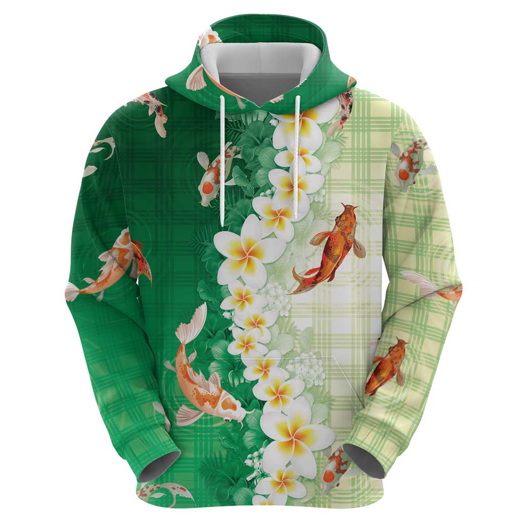 Hawaii And Japan Zip Hoodie Plumeria Lei With Koi Fish Green LT05 - Polynesian Pride