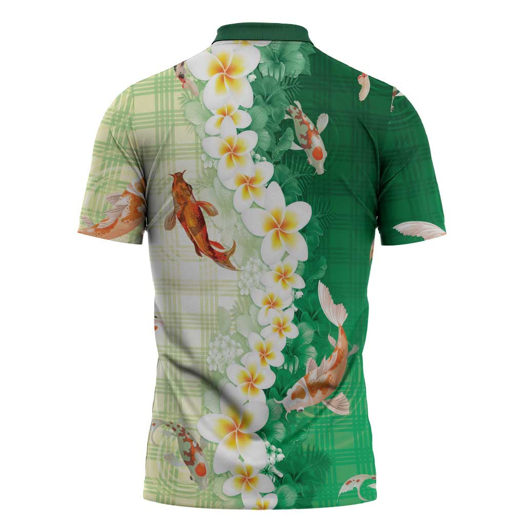 Hawaii And Japan Zipper Polo Shirt Plumeria Lei With Koi Fish Green - Polynesian Pride