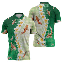 Hawaii And Japan Zipper Polo Shirt Plumeria Lei With Koi Fish Green - Polynesian Pride
