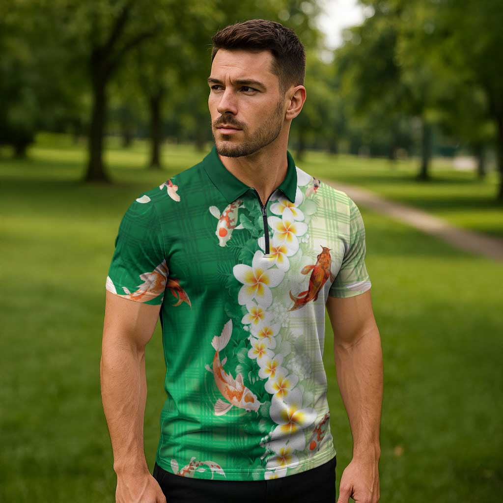 Hawaii And Japan Zipper Polo Shirt Plumeria Lei With Koi Fish Green - Polynesian Pride
