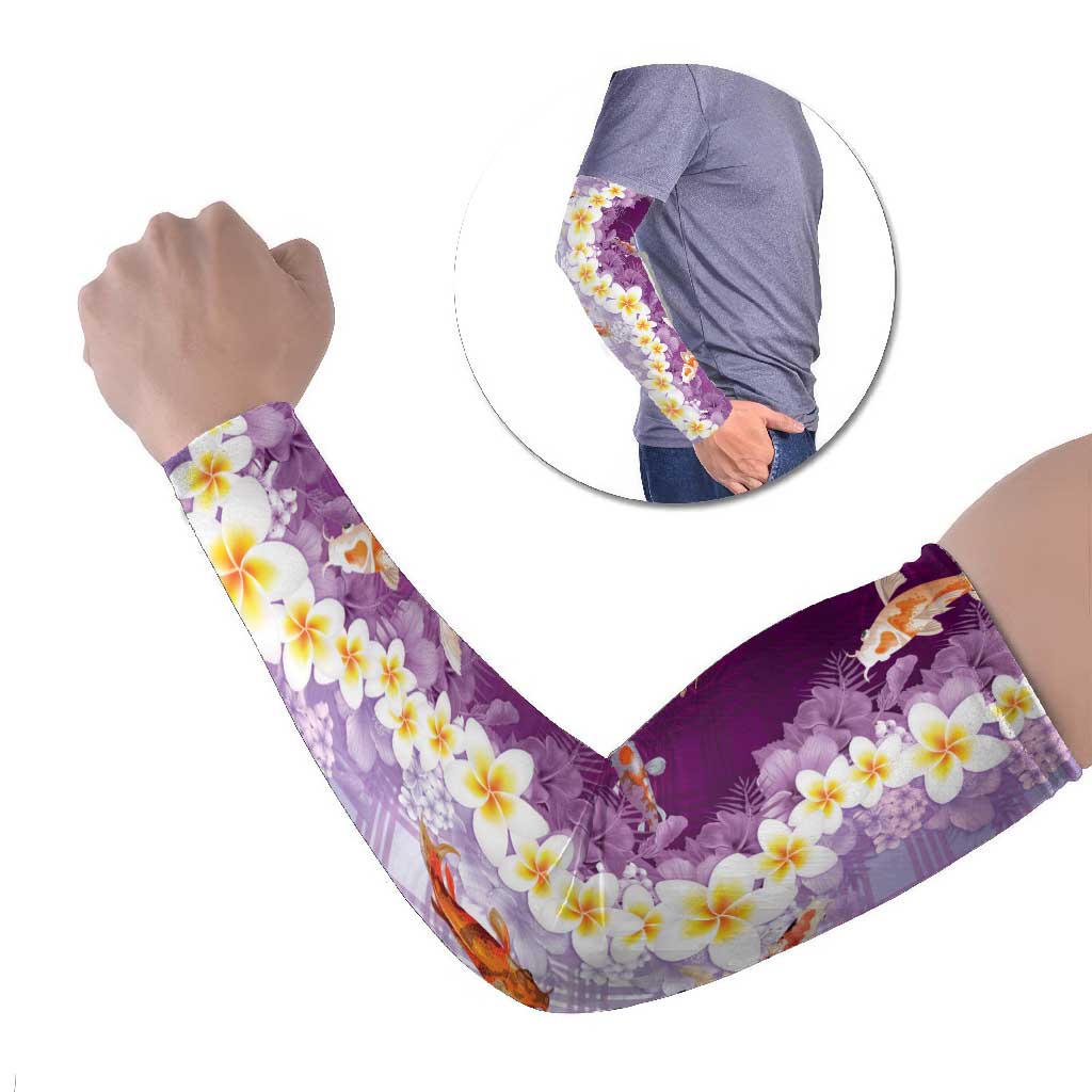 Hawaii And Japan Arm Sleeves Plumeria Lei With Koi Fish Purple LT05 Set of 2 Purple - Polynesian Pride