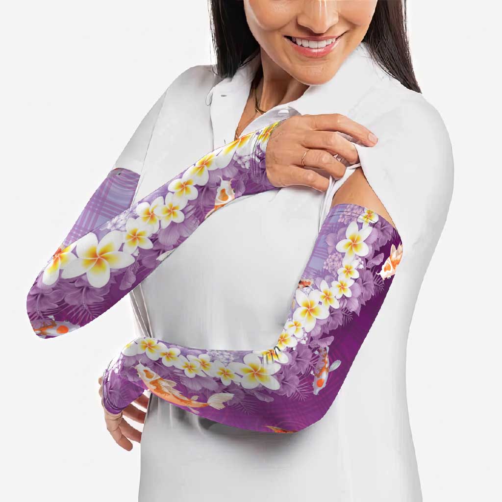 Hawaii And Japan Arm Sleeves Plumeria Lei With Koi Fish Purple LT05 - Polynesian Pride