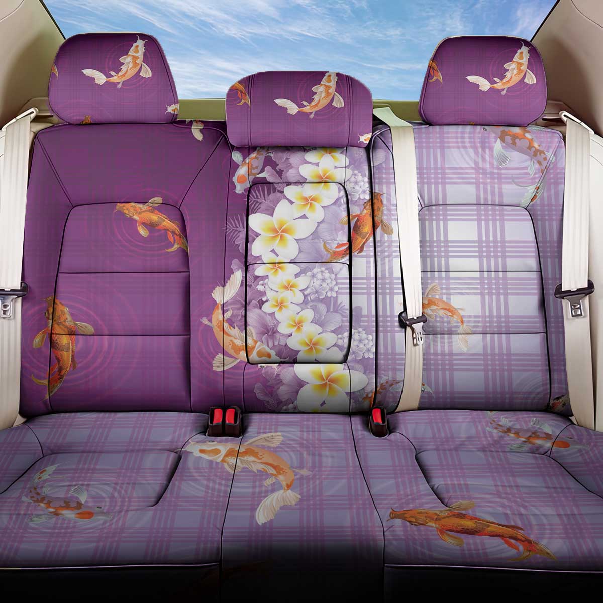 Hawaii And Japan Back Car Seat Cover Plumeria Lei With Koi Fish Purple LT05 One Size Purple - Polynesian Pride